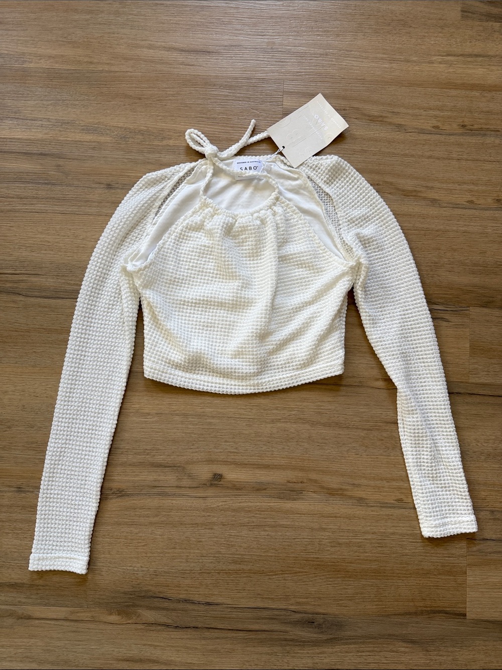Sabo Skirt Cream Waffle-Knit Long Sleeve Crop Top